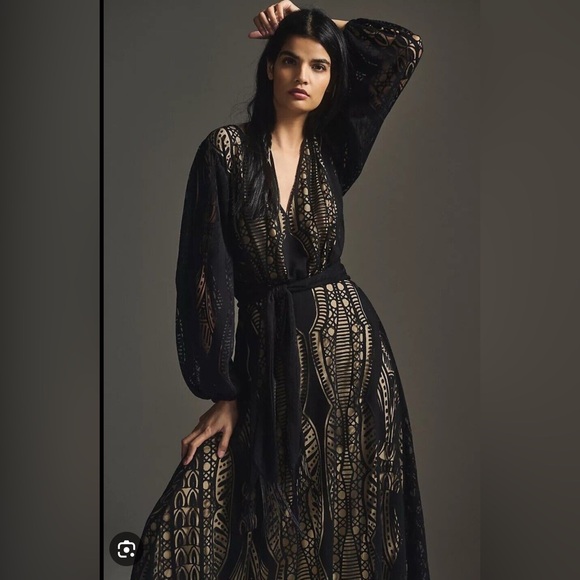 Farm Rio for Anthropologie Devore Velvet Maxi Dress XL Crochet-Inspired Black - Picture 9 of 10